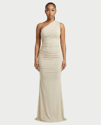 HANIMA One-Shoulder Ruched Maxi Dress